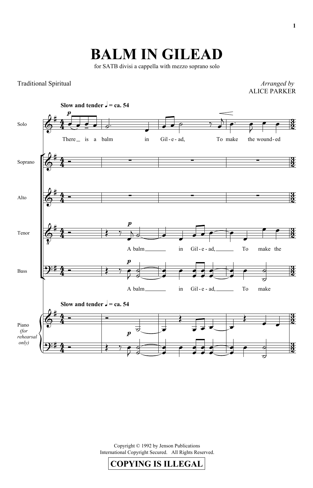 Traditional Spiritual Balm In Gilead (arr. Alice Parker) sheet music notes and chords. Download Printable PDF.