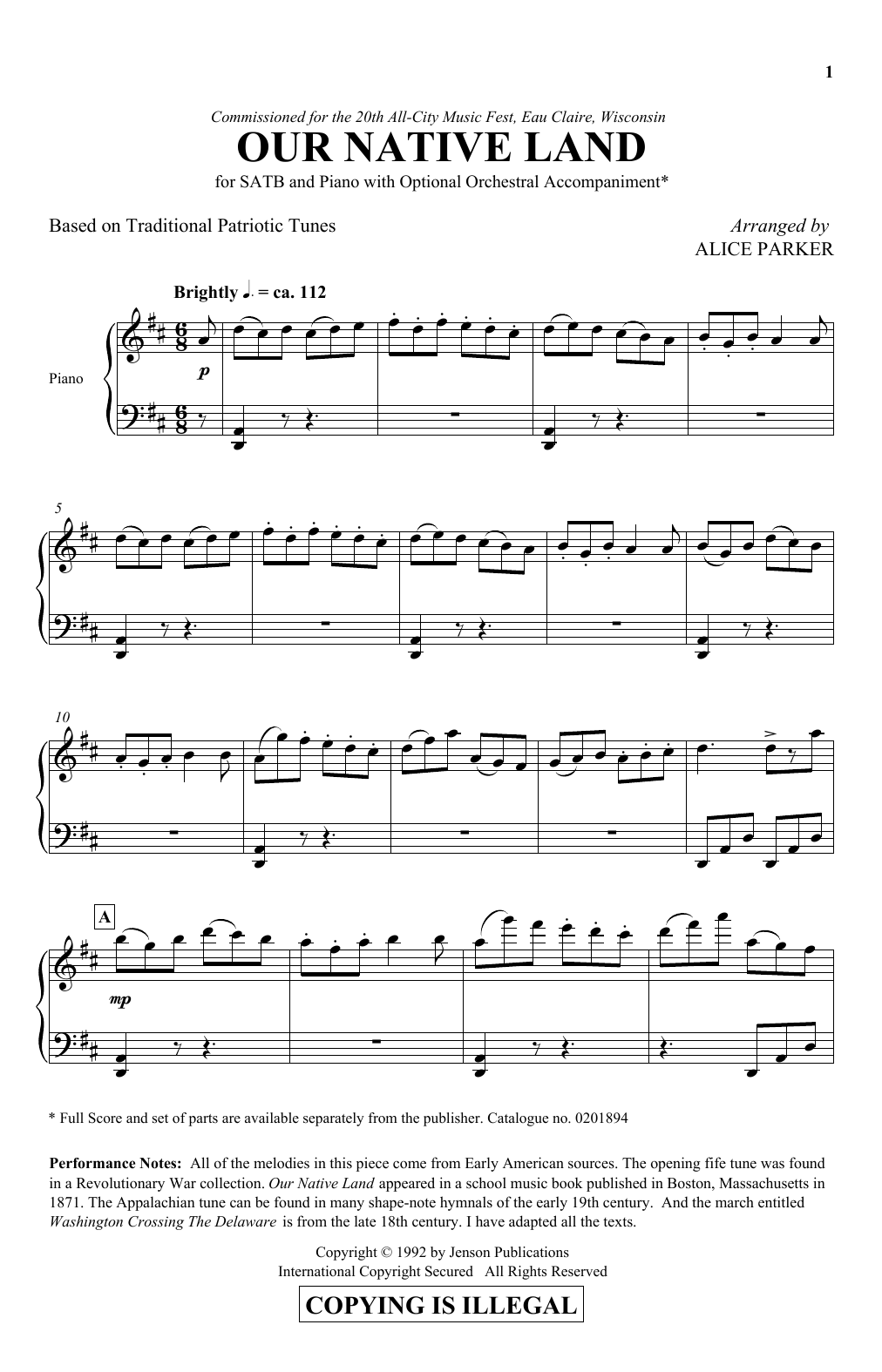 Alice Parker Our Native Land sheet music notes and chords. Download Printable PDF.