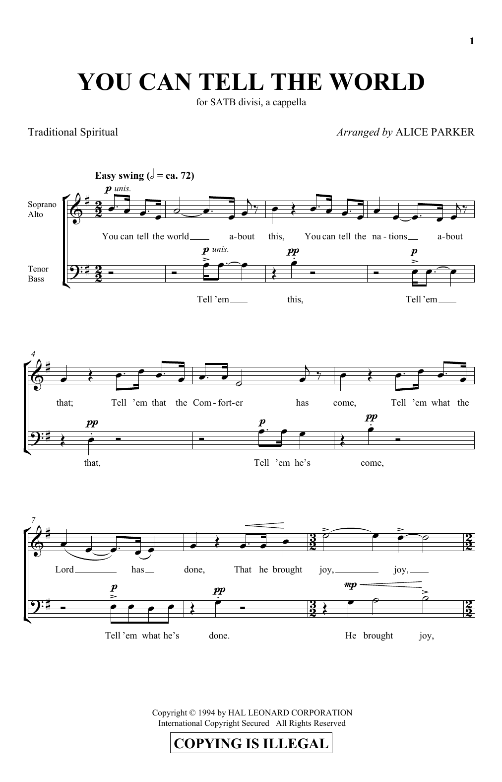 Learn to play Alice Parker You Can Tell The World sheet music for SATB Choir in minutes. Price: 3.9900$ Alice Parker You Can Tell The World sheet music notes and chords arranged for SATB Choir
