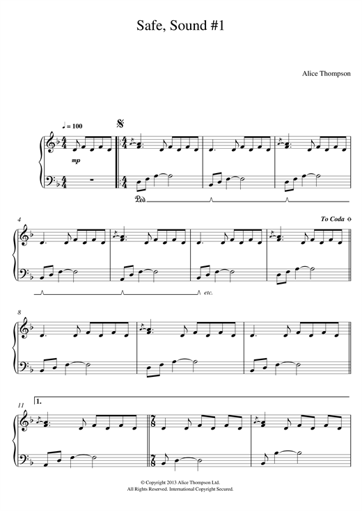 Learn to play Alice Thompson Safe, Sound No. 1 sheet music for Piano Solo in minutes. Alice Thompson Safe, Sound No. 1 sheet music notes and chords. Download Printable PDF.