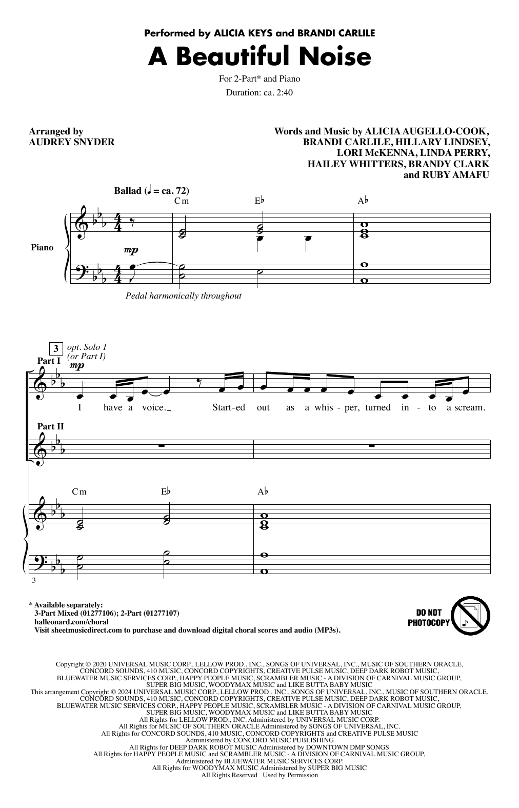 Alicia Keys & Brandi Carlile A Beautiful Noise (arr. Audrey Snyder) sheet music notes and chords. Download Printable PDF.