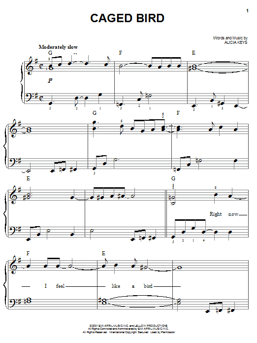 Learn to play Alicia Keys Caged Bird sheet music for Easy Piano in minutes. Price: 6.9900$ Alicia Keys Caged Bird sheet music notes and chords arranged for Easy Piano