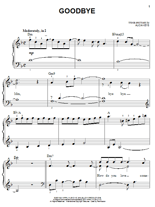 Learn to play Alicia Keys Goodbye sheet music for Easy Piano in minutes. Price: 6.9900$ Alicia Keys Goodbye sheet music notes and chords arranged for Easy Piano