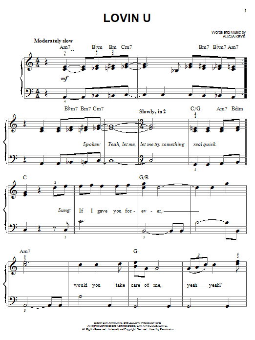 Learn to play Alicia Keys Lovin U sheet music for Easy Piano in minutes. Price: 6.9900$ Alicia Keys Lovin U sheet music notes and chords arranged for Easy Piano