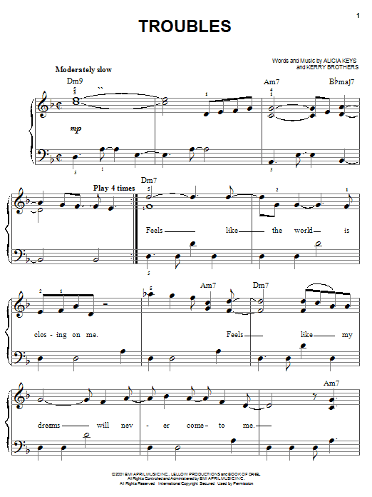 Learn to play Alicia Keys Troubles sheet music for Easy Piano in minutes. Price: 6.9900$ Alicia Keys Troubles sheet music notes and chords arranged for Easy Piano