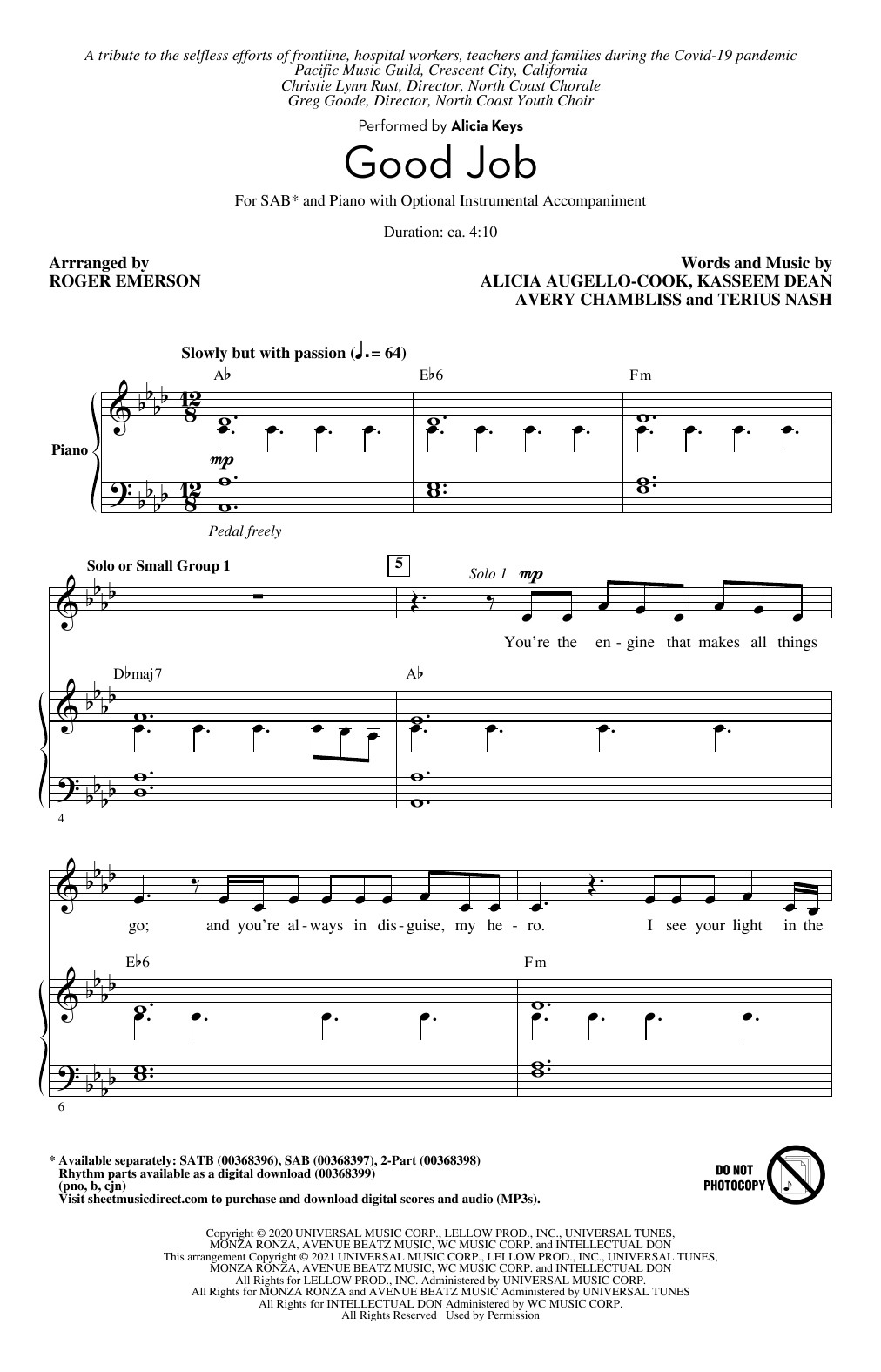Learn to play Alicia Keys Good Job (arr. Roger Emerson) sheet music for SAB Choir in minutes. Price: 3.9900$ Alicia Keys Good Job (arr. Roger Emerson) sheet music notes and chords arranged for SAB Choir