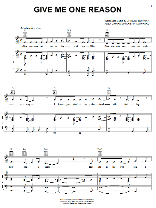 Learn to play Alisa Girard Give Me One Reason sheet music for Piano, Vocal & Guitar (Right-Hand Melody) in minutes. Alisa Girard Give Me One Reason sheet music notes and chords