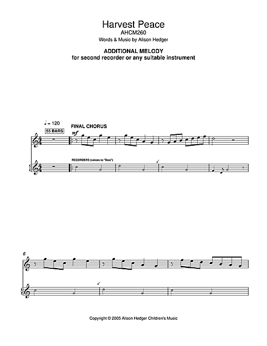 Learn to play Alison Hedger Harvest Peace (Additional Melody Part) sheet music for Lead Sheet / Fake Book in minutes. Price: 5.9900$ Alison Hedger Harvest Peace (Additional Melody Part) sheet music notes and chords arranged for Lead Sheet / Fake Book