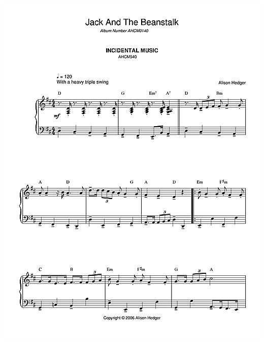 Learn to play Alison Hedger Incidental Music (from Jack And The Beanstalk) sheet music for Piano Solo in minutes. Alison Hedger Incidental Music (from Jack And The Beanstalk) sheet music notes and chords. Download Printable PDF.
