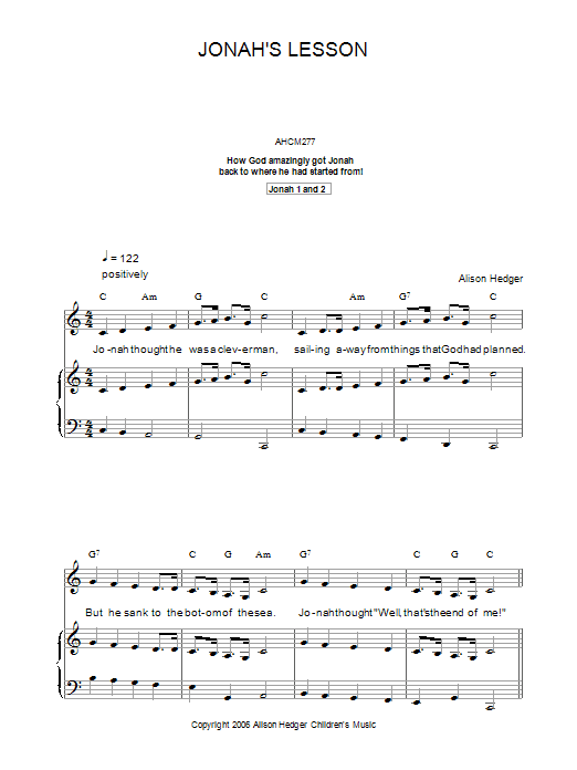 Alison Hedger Jonah's Lesson sheet music notes and chords. Download Printable PDF.