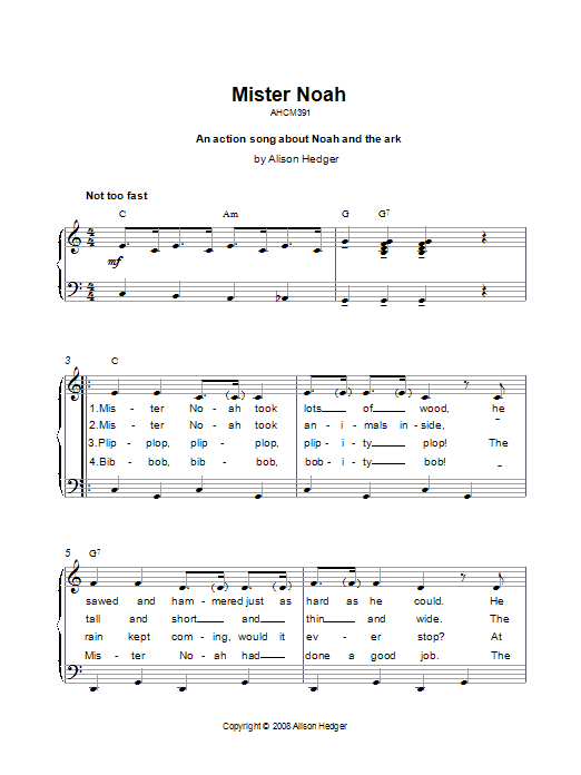 Alison Hedger Mister Noah sheet music notes and chords. Download Printable PDF.