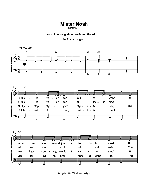 Alison Hedger Mister Noah sheet music notes and chords. Download Printable PDF.