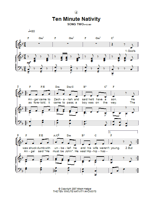 Learn to play Alison Hedger Song Two (from The Ten Minute Nativity) sheet music for Lead Sheet / Fake Book in minutes. Price: 5.9900$ Alison Hedger Song Two (from The Ten Minute Nativity) sheet music notes and chords arranged for Lead Sheet / Fake Book