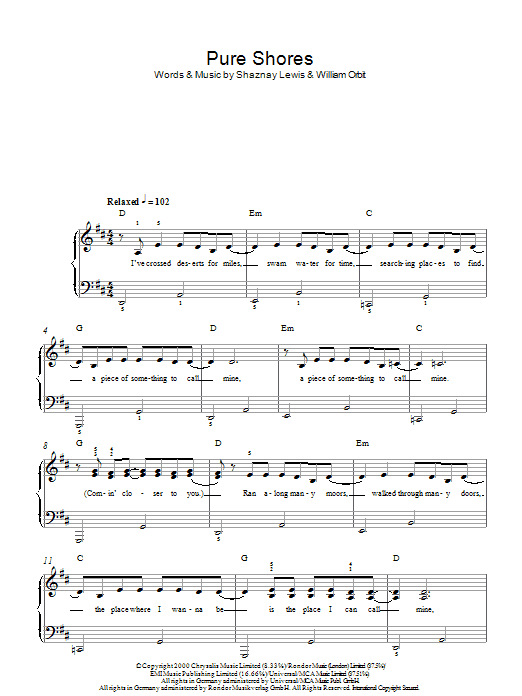 All Saints Pure Shores sheet music notes and chords. Download Printable PDF.