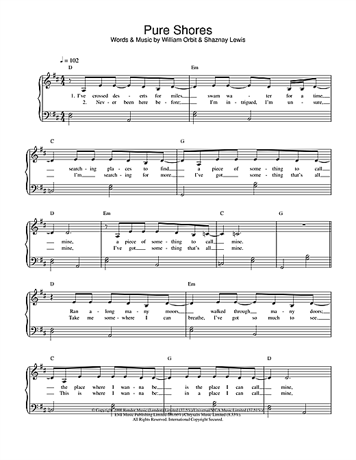 All Saints Pure Shores sheet music notes and chords. Download Printable PDF.