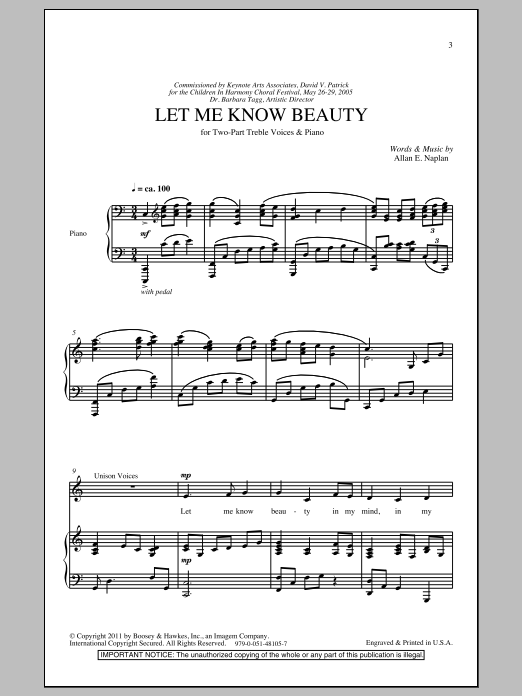 Learn to play Allan Naplan Let Me Know Beauty sheet music for 2-Part Choir in minutes. Price: 3.9900$ Allan Naplan Let Me Know Beauty sheet music notes and chords arranged for 2-Part Choir