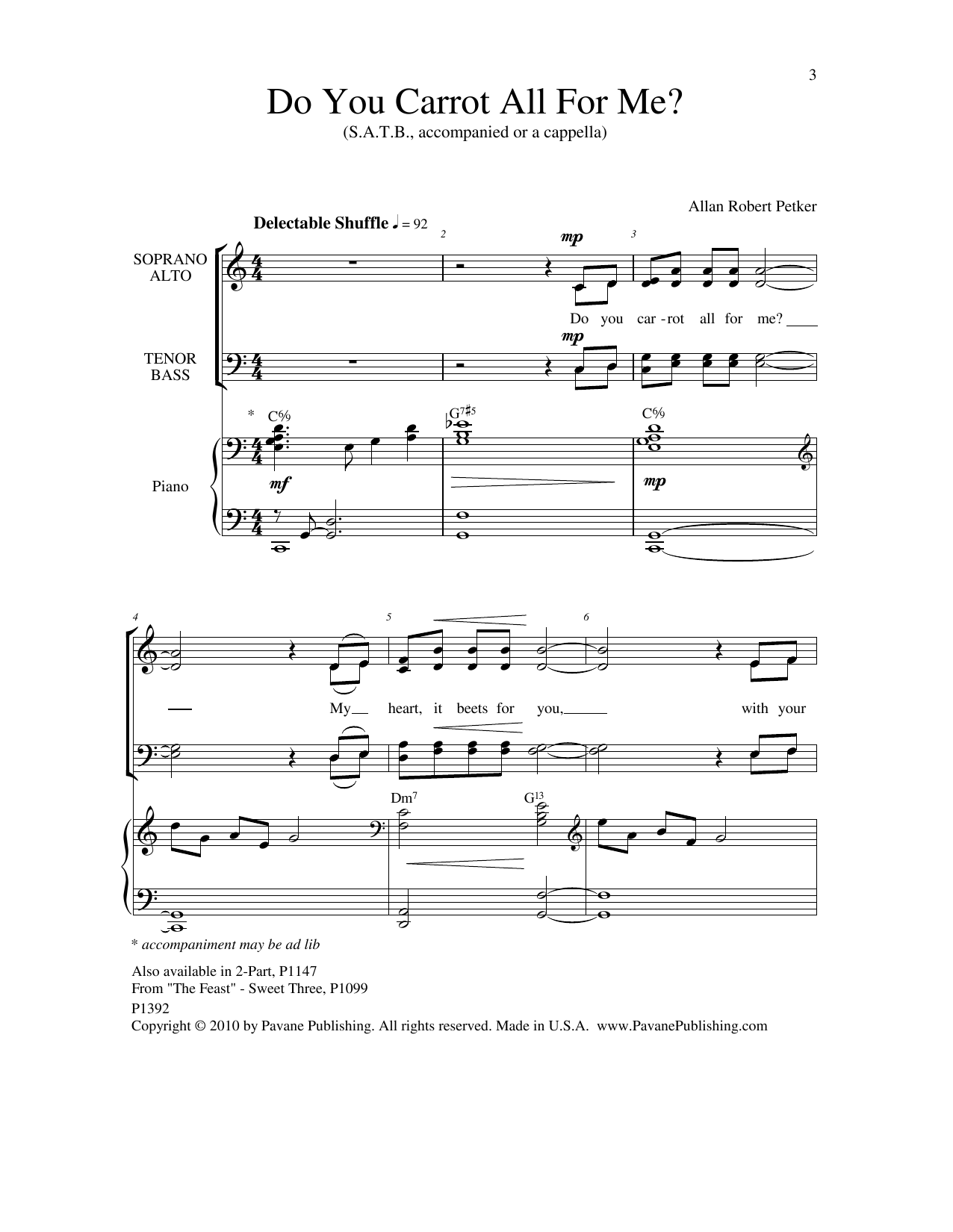 Learn to play Allan Robert Petker Do You Carrot All For Me sheet music for SATB Choir in minutes. Price: 3.9900$ Allan Robert Petker Do You Carrot All For Me sheet music notes and chords arranged for SATB Choir