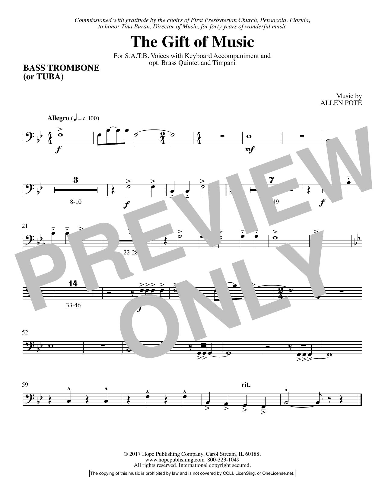 Learn to play Allen Pote The Gift Of Music - Bass Trombone sheet music for Choir Instrumental Pak in minutes. Price: 16.9700$ Allen Pote The Gift Of Music - Bass Trombone sheet music notes and chords arranged for Choir Instrumental Pak