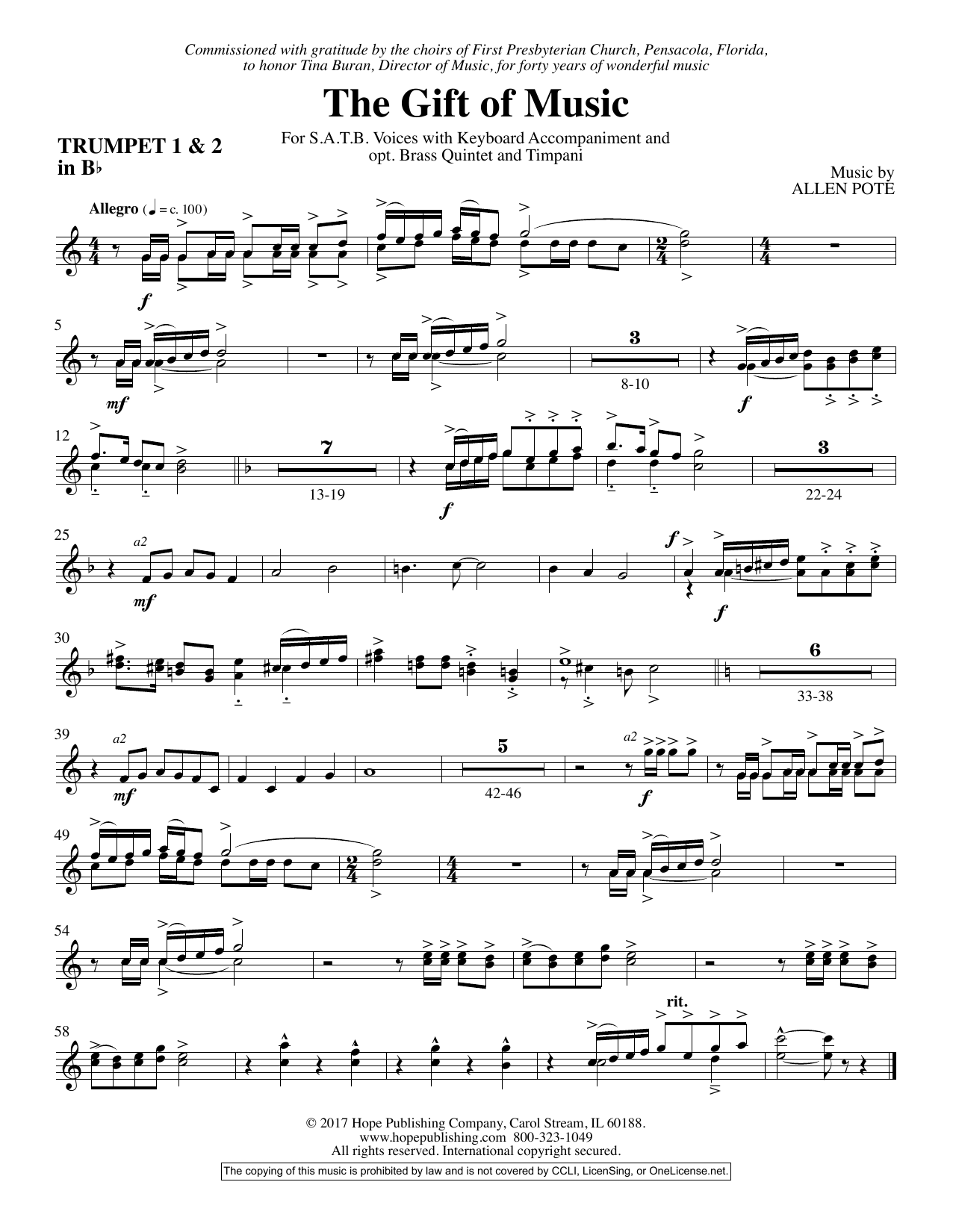 Learn to play Allen Pote The Gift Of Music - Bb Trumpet 1 & 2 sheet music for Choir Instrumental Pak in minutes. Price: 16.9700$ Allen Pote The Gift Of Music - Bb Trumpet 1 & 2 sheet music notes and chords arranged for Choir Instrumental Pak