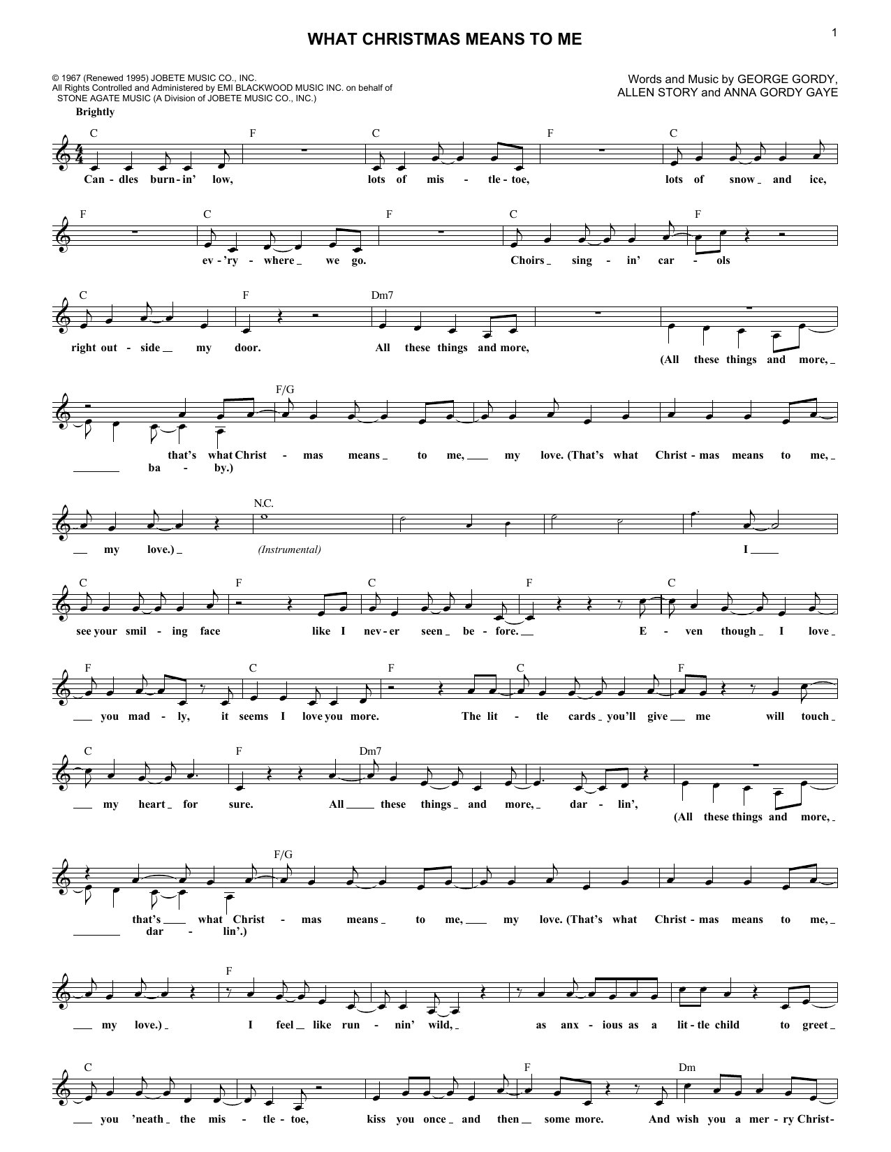 Learn to play George Gordy What Christmas Means To Me sheet music for Lead Sheet / Fake Book in minutes. Price: 5.9900$ George Gordy What Christmas Means To Me sheet music notes and chords arranged for Lead Sheet / Fake Book