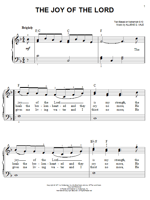Alliene G. Vale The Joy Of The Lord sheet music notes and chords arranged for Big Note Piano