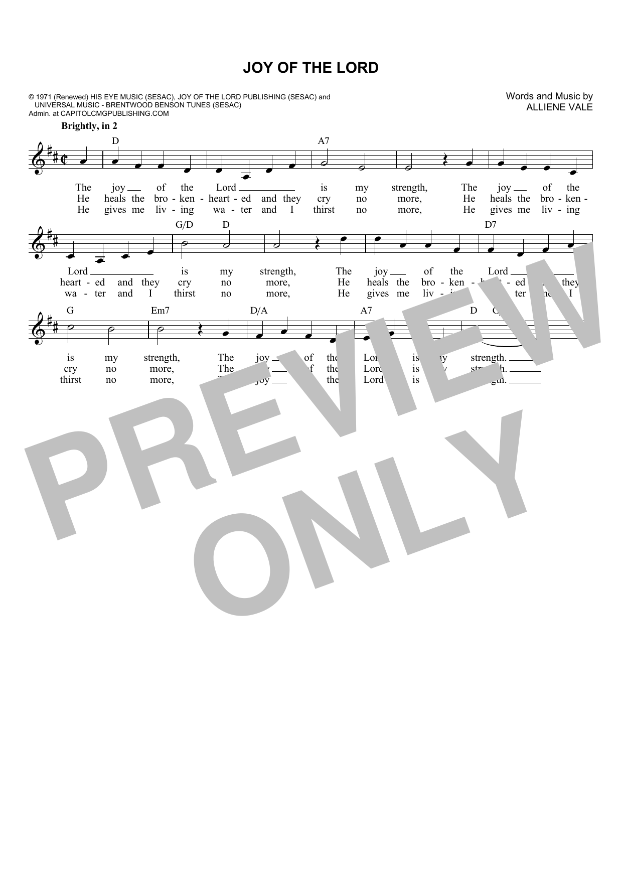 Learn to play Alliene Vale Joy Of The Lord sheet music for Lead Sheet / Fake Book in minutes. Price: 5.9900$ Alliene Vale Joy Of The Lord sheet music notes and chords arranged for Lead Sheet / Fake Book