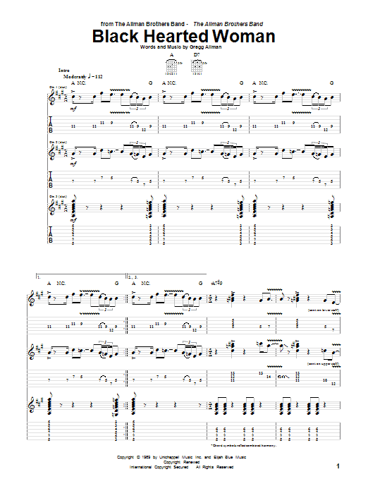 Learn to play The Allman Brothers Band Black Hearted Woman sheet music for Guitar Tab in minutes. The Allman Brothers Band Black Hearted Woman sheet music notes and chords. Download Printable PDF.