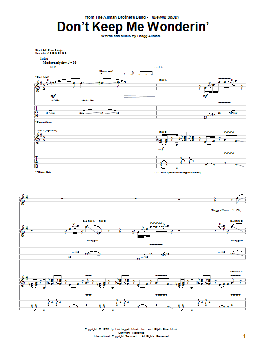 Learn to play The Allman Brothers Band Don't Keep Me Wonderin' sheet music for Guitar Tab in minutes. Price: 7.8900$ The Allman Brothers Band Don't Keep Me Wonderin' sheet music notes and chords arranged for Guitar Tab