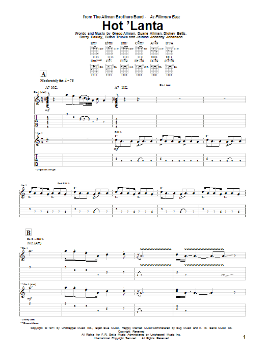 Learn to play The Allman Brothers Band Hot 'Lanta sheet music for Guitar Tab in minutes. The Allman Brothers Band Hot 'Lanta sheet music notes and chords. Download Printable PDF.