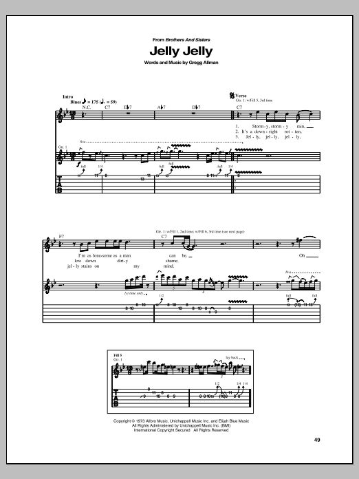 The Allman Brothers Band Jelly Jelly sheet music notes and chords. Download Printable PDF.