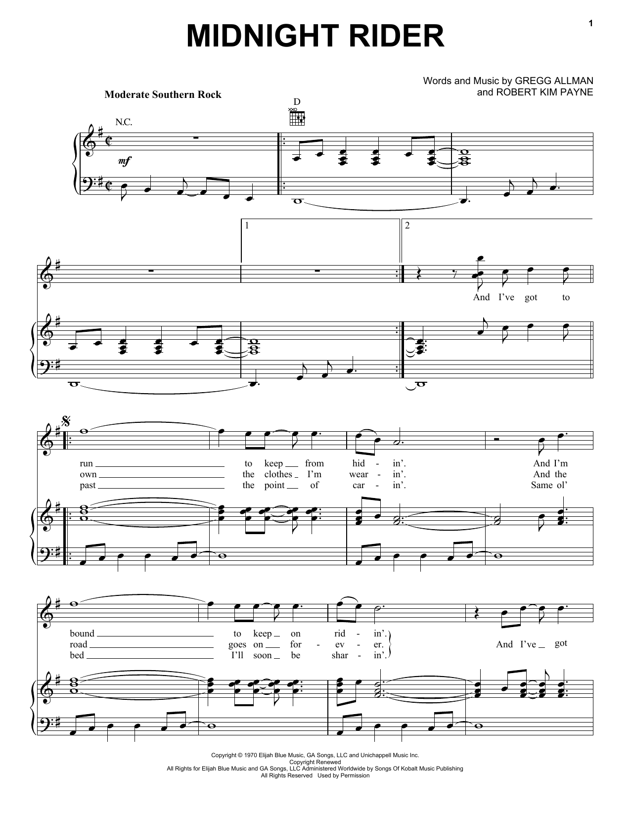 Learn to play Allman Brothers Band Midnight Rider sheet music for Piano, Vocal & Guitar (Right-Hand Melody) in minutes. Allman Brothers Band Midnight Rider sheet music notes and chords. Download Printable PDF.