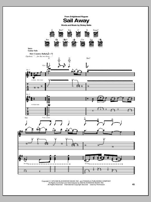 Allman Brothers Band Sail Away sheet music notes and chords. Download Printable PDF.