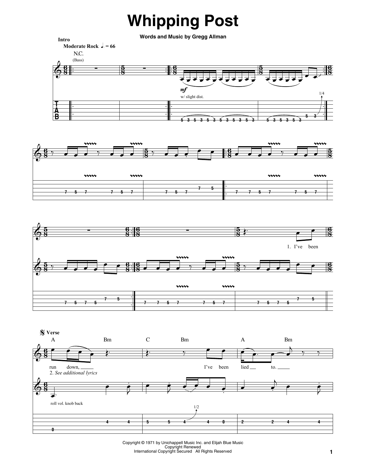 Allman Brothers Band Whipping Post sheet music notes and chords. Download Printable PDF.