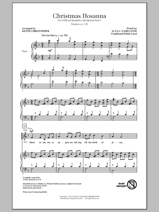 Learn to play Alta C. Faircloth Christmas Hosanna (arr. Keith Christopher) sheet music for SATB Choir in minutes. Price: 3.9900$ Alta C. Faircloth Christmas Hosanna (arr. Keith Christopher) sheet music notes and chords arranged for SATB Choir