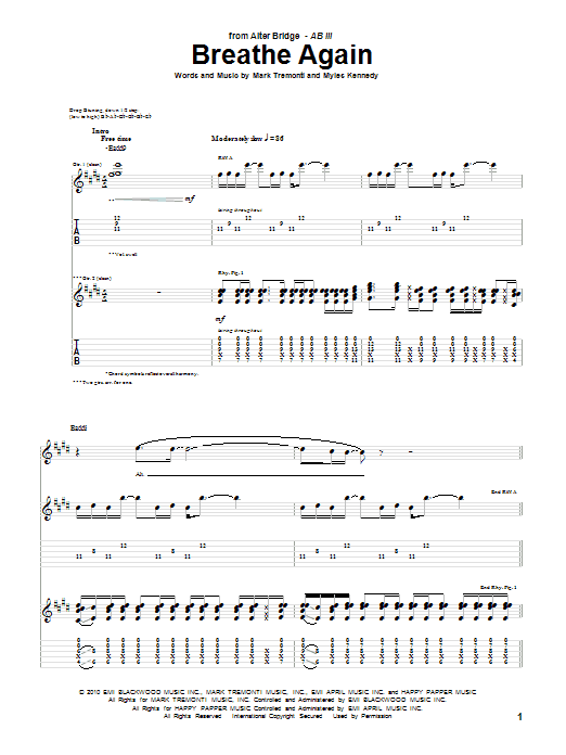 Alter Bridge Breathe Again sheet music notes and chords. Download Printable PDF.