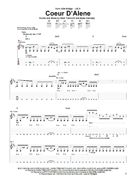 Alter Bridge Coeur D'Alene sheet music notes and chords. Download Printable PDF.