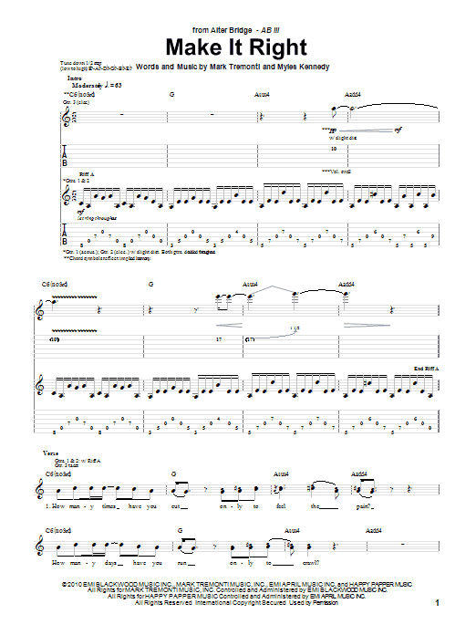 Alter Bridge Make It Right sheet music notes and chords. Download Printable PDF.