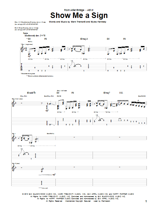 Learn to play Alter Bridge Show Me A Sign sheet music for Guitar Tab in minutes. Price: 7.8900$ Alter Bridge Show Me A Sign sheet music notes and chords arranged for Guitar Tab