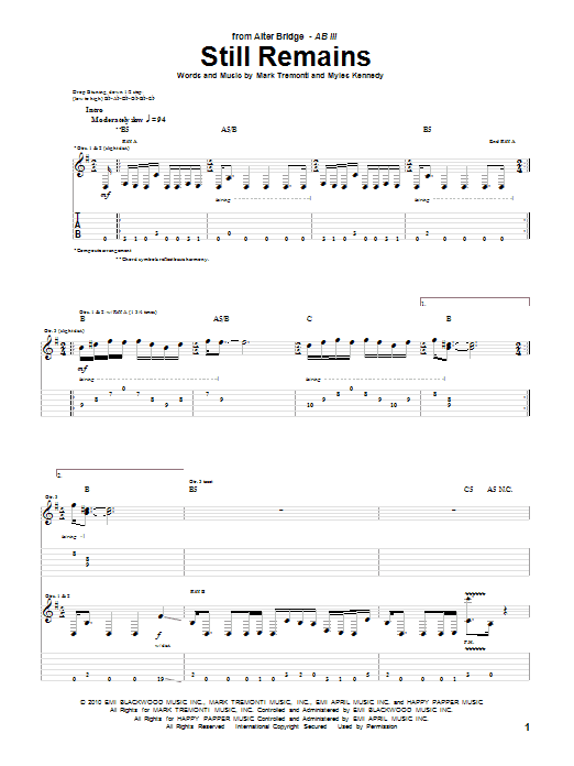 Learn to play Alter Bridge Still Remains sheet music for Guitar Tab in minutes. Price: 7.8900$ Alter Bridge Still Remains sheet music notes and chords arranged for Guitar Tab
