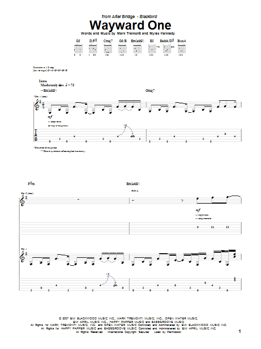 Alter Bridge Wayward One sheet music notes and chords. Download Printable PDF.