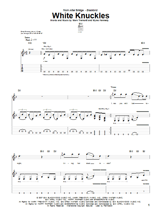 Alter Bridge White Knuckles sheet music notes and chords. Download Printable PDF.