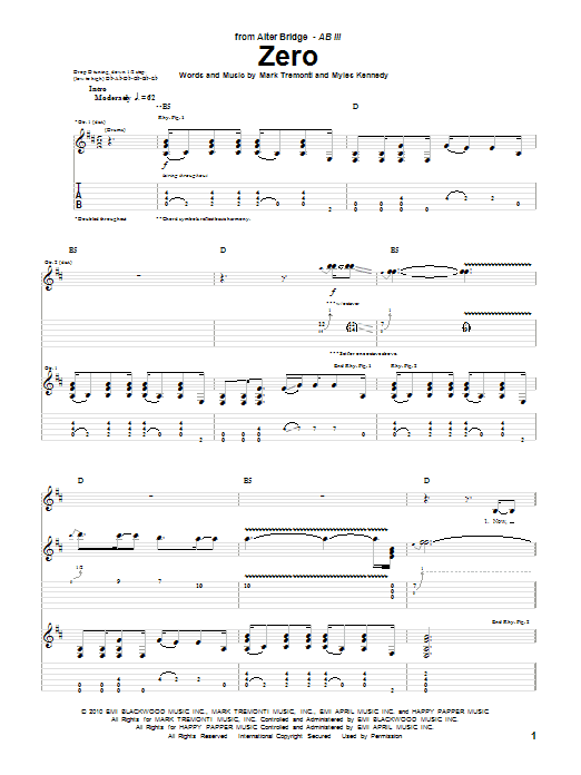 Alter Bridge Zero sheet music notes and chords. Download Printable PDF.