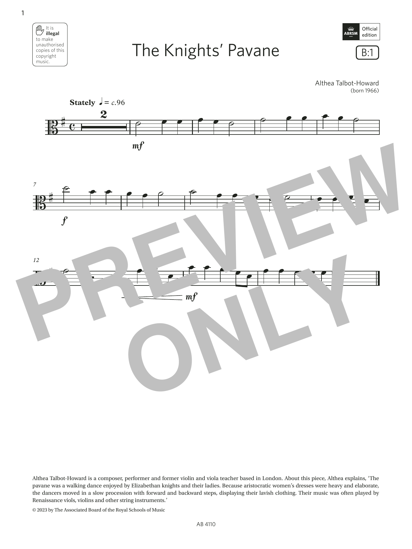 Learn to play Althea Talbot-Howard The Knights' Pavane (Grade Initial, B1, from the ABRSM Viola Syllabus from 2024) sheet music for Viola Solo in minutes. Price: 3.9900$ Althea Talbot-Howard The Knights' Pavane (Grade Initial, B1, from the ABRSM Viola Syllabus from 2024) sheet music notes and chords arranged for Viola Solo