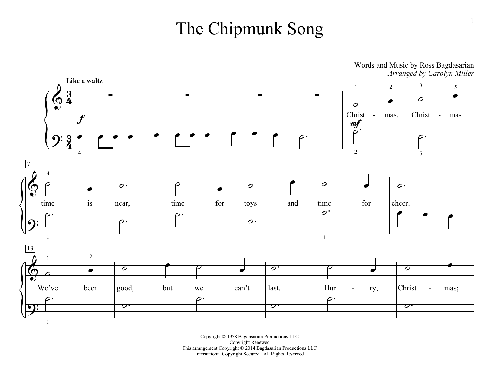Learn to play Carolyn Miller The Chipmunk Song sheet music for Educational Piano in minutes. Price: 6.9900$ Carolyn Miller The Chipmunk Song sheet music notes and chords arranged for Educational Piano