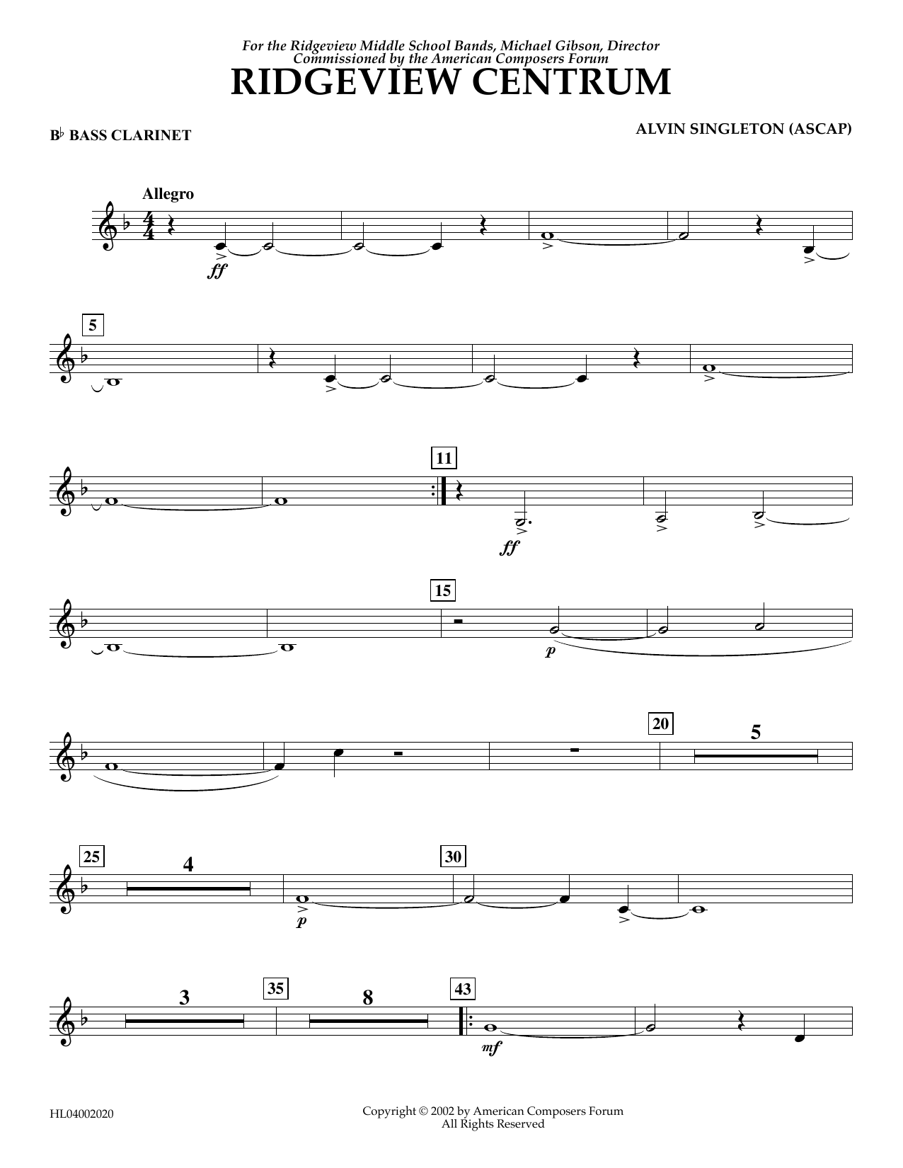 Learn to play Alvin Singleton Ridgeview Centrum - Bb Bass Clarinet sheet music for Concert Band in minutes. Price: 5.9900$ Alvin Singleton Ridgeview Centrum - Bb Bass Clarinet sheet music notes and chords arranged for Concert Band