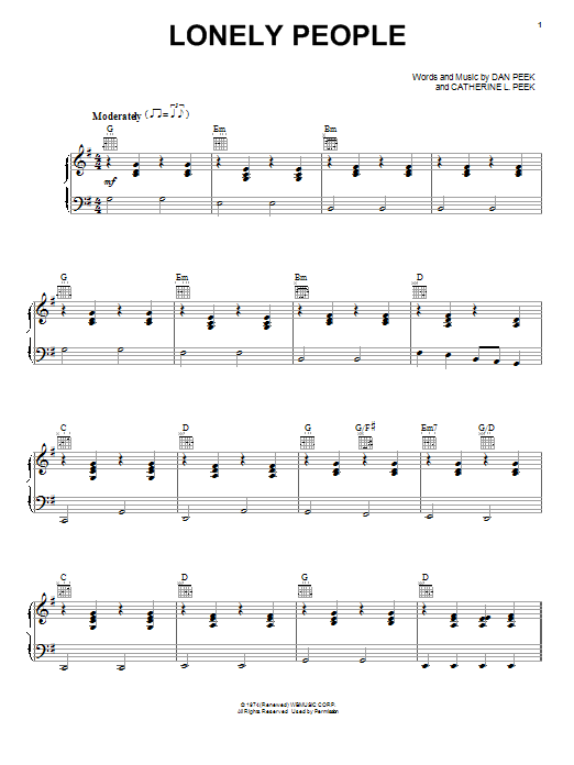 America Lonely People sheet music notes and chords. Download Printable PDF.