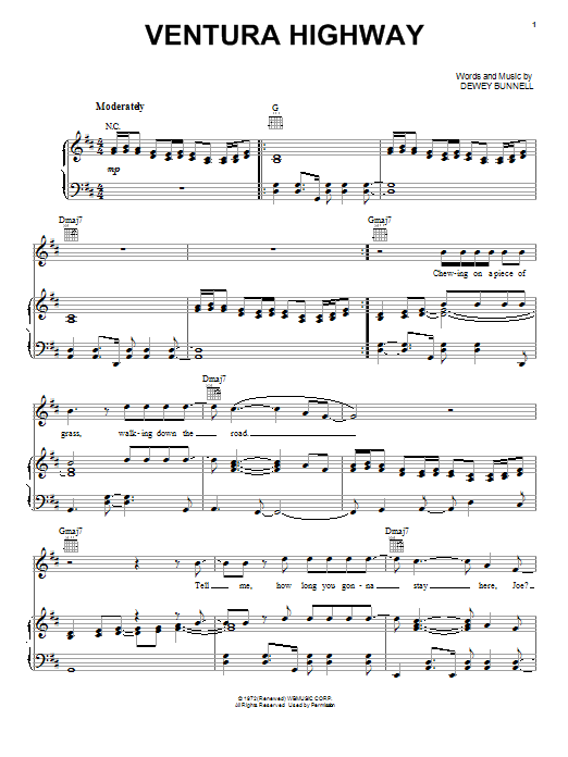 America Ventura Highway Sheet Music Pdf Notes Chords Folk Score Piano Vocal Guitar Right Hand Melody Download Printable Sku