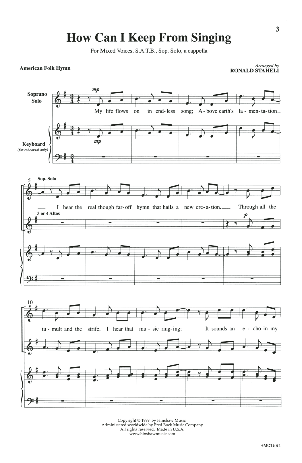 American Folk Hymn How Can I Keep From Singing (arr. Ronald Staheli) sheet music notes and chords - Download Printable PDF and start playing in minutes.