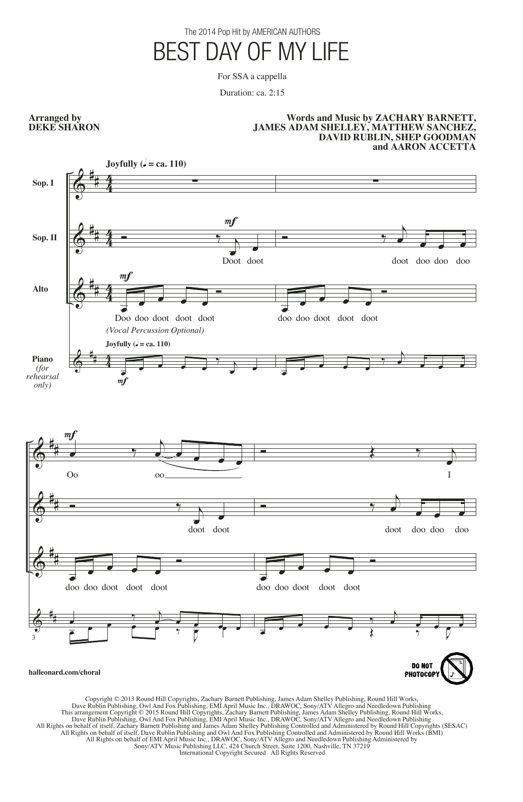 American Authors Best Day Of My Life (arr. Deke Sharon) sheet music notes and chords. Download Printable PDF.