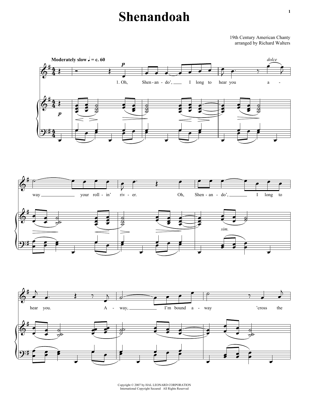Traditional American Folksong Shenandoah sheet music notes and chords. Download Printable PDF.